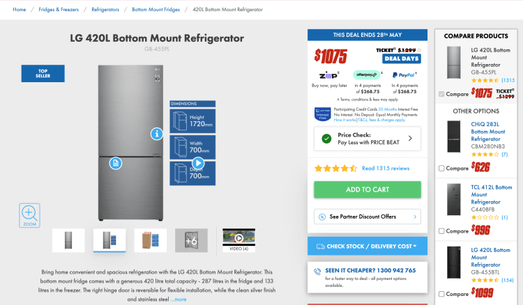 The Good Guys: LG 420L Bottom Mount Refrigerator (GB-455PL) – $1065 with Price Beat
